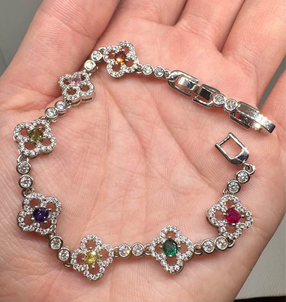 18k White Gold Plated Multicolor Clover Tennis Bracelet